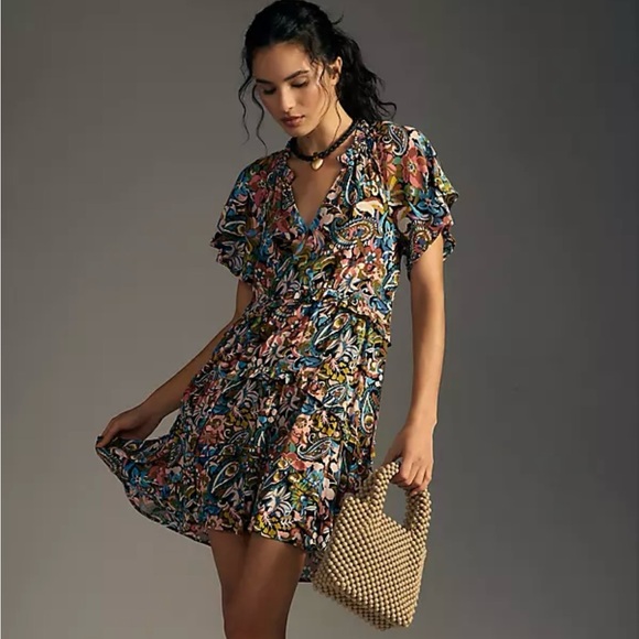 Anthropologie Robin Tiered Mini Dress Floral Paisley Print - Picture 1 of 14